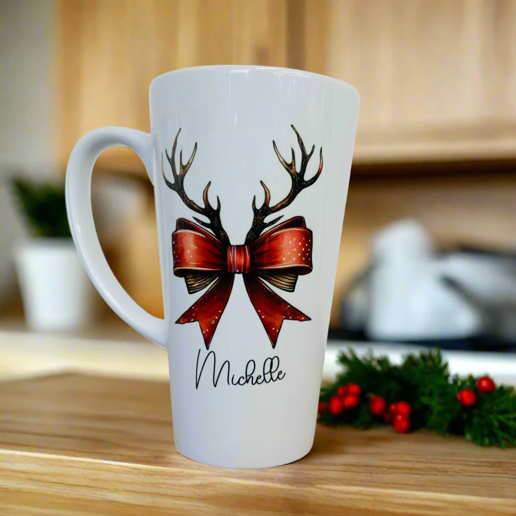 Antlers Red Bow Latte Ceramic Mug 17oz inc Box
