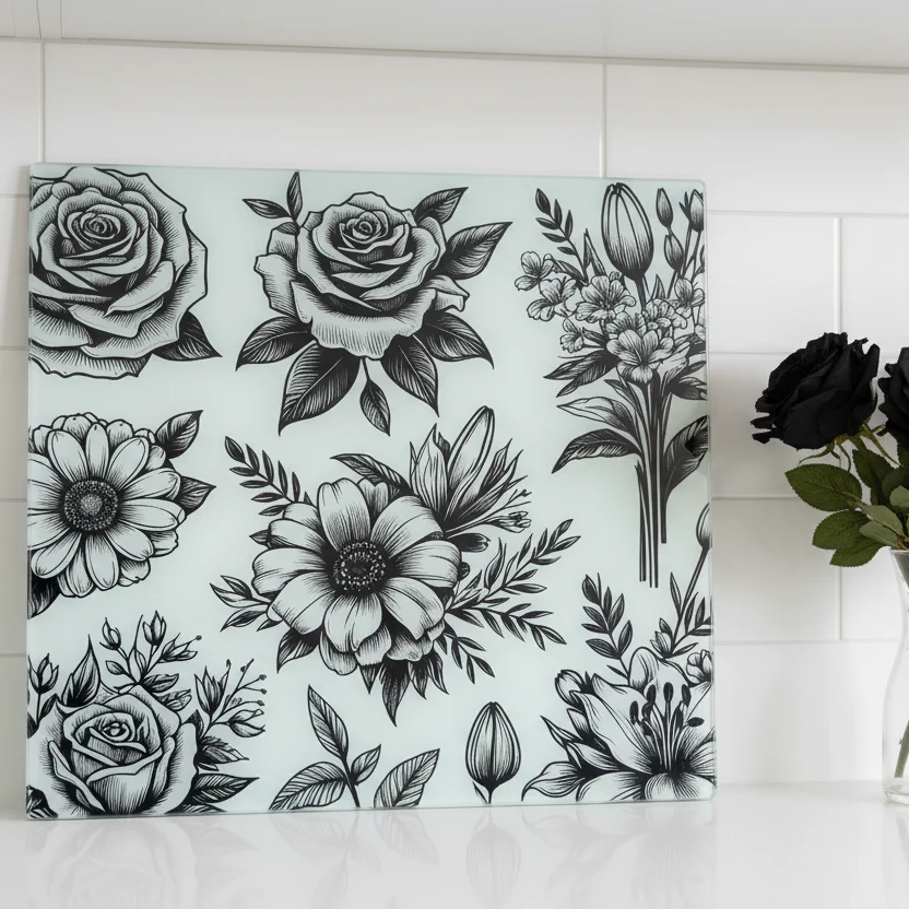 Black Flowers Chopping Board 30cm - Image 2