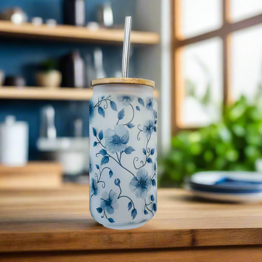 Blue Floral Frosted Glass Can 18oz Tumbler