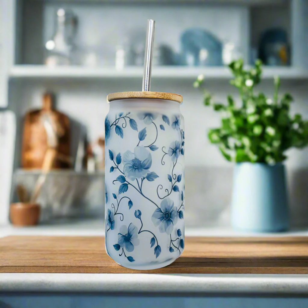Blue Floral Frosted Glass Can 18oz Tumbler - Image 2