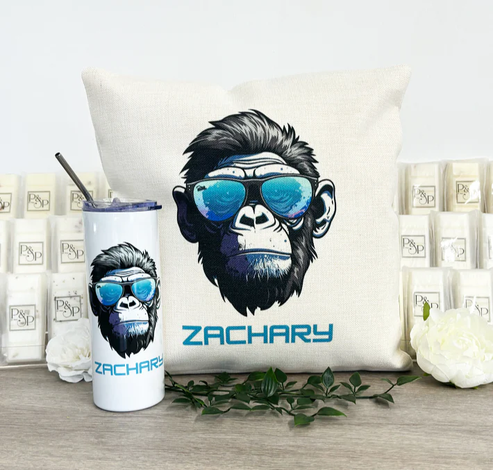 Blue Gorilla Bundle (Filled Cushion & Skinny Tumbler) - Image 2