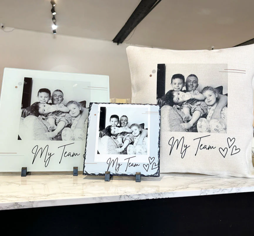 Bundle: Cushion, Chopping Board and 19cm Photo Slate