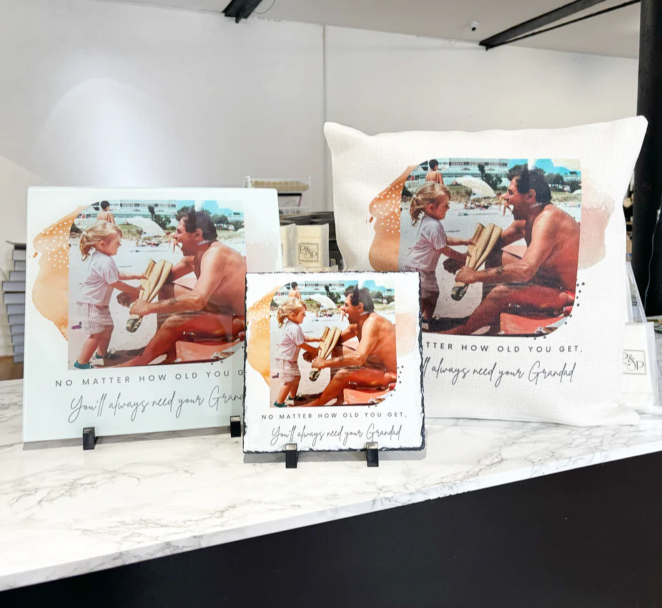 Bundle: Cushion, Chopping Board and 19cm Photo Slate