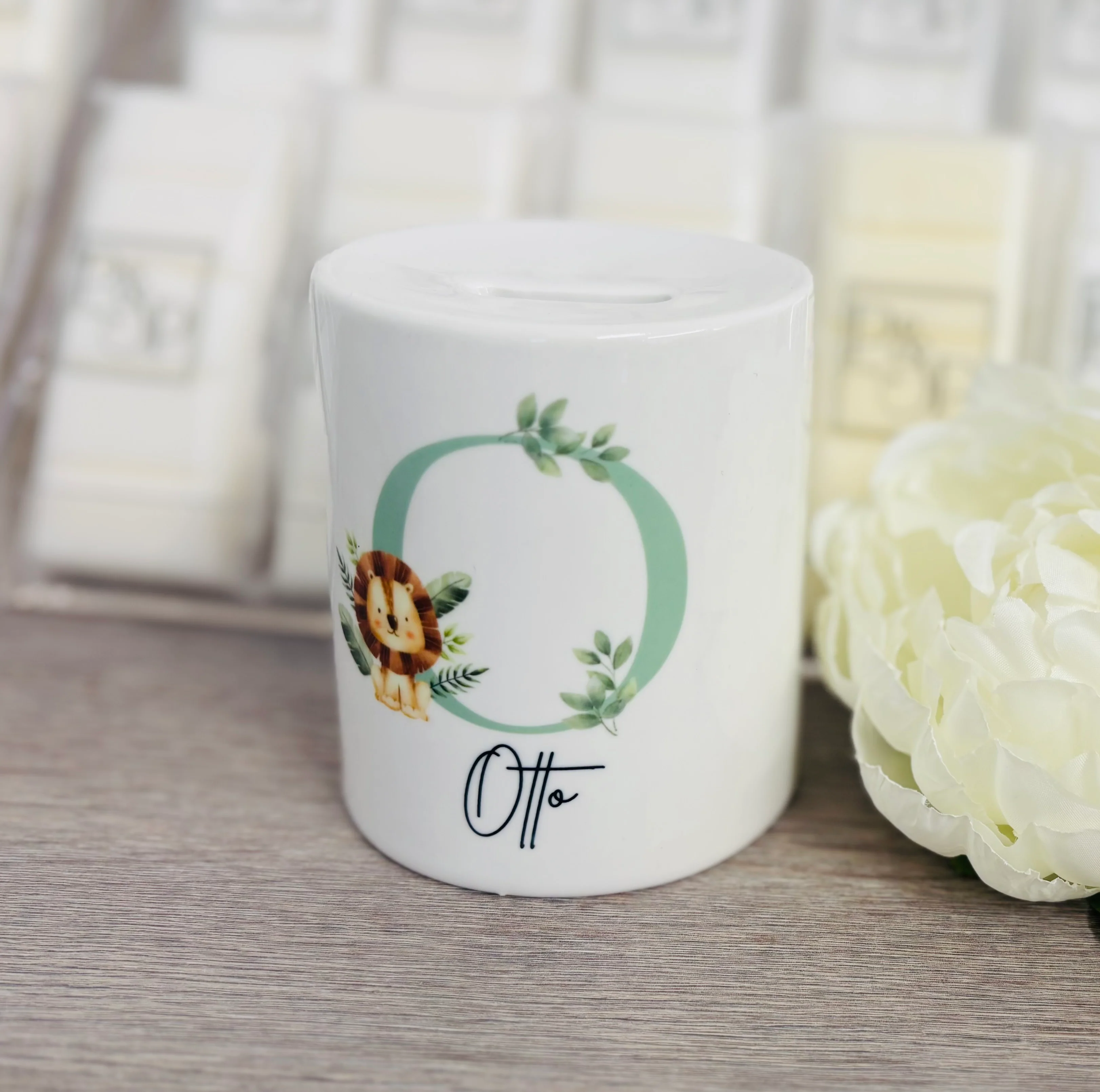 Ceramic Money Box Green Initial/ Lion Design - Image 3