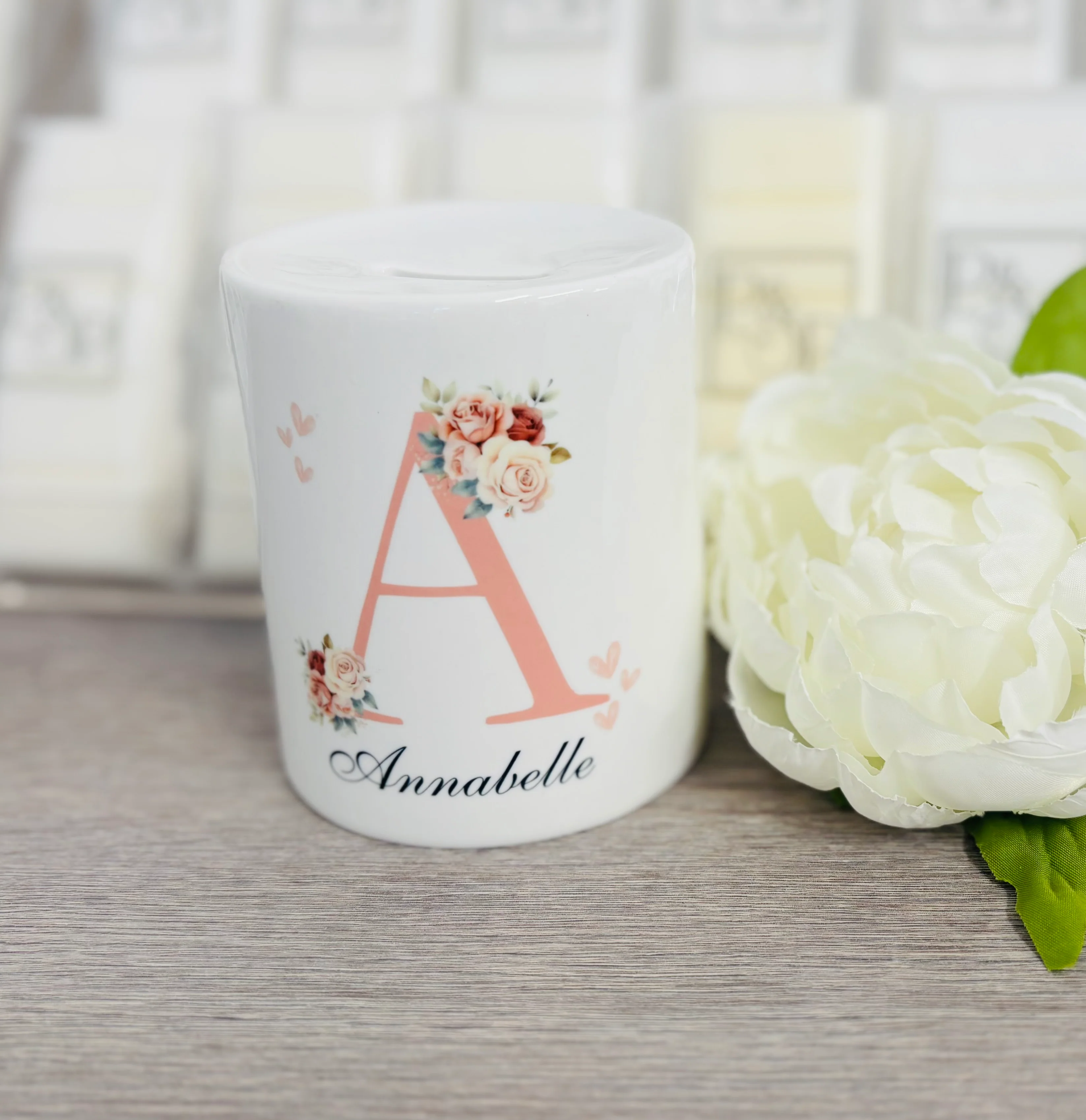 Ceramic Money Box Pink Initial/ Floral Design - Image 3