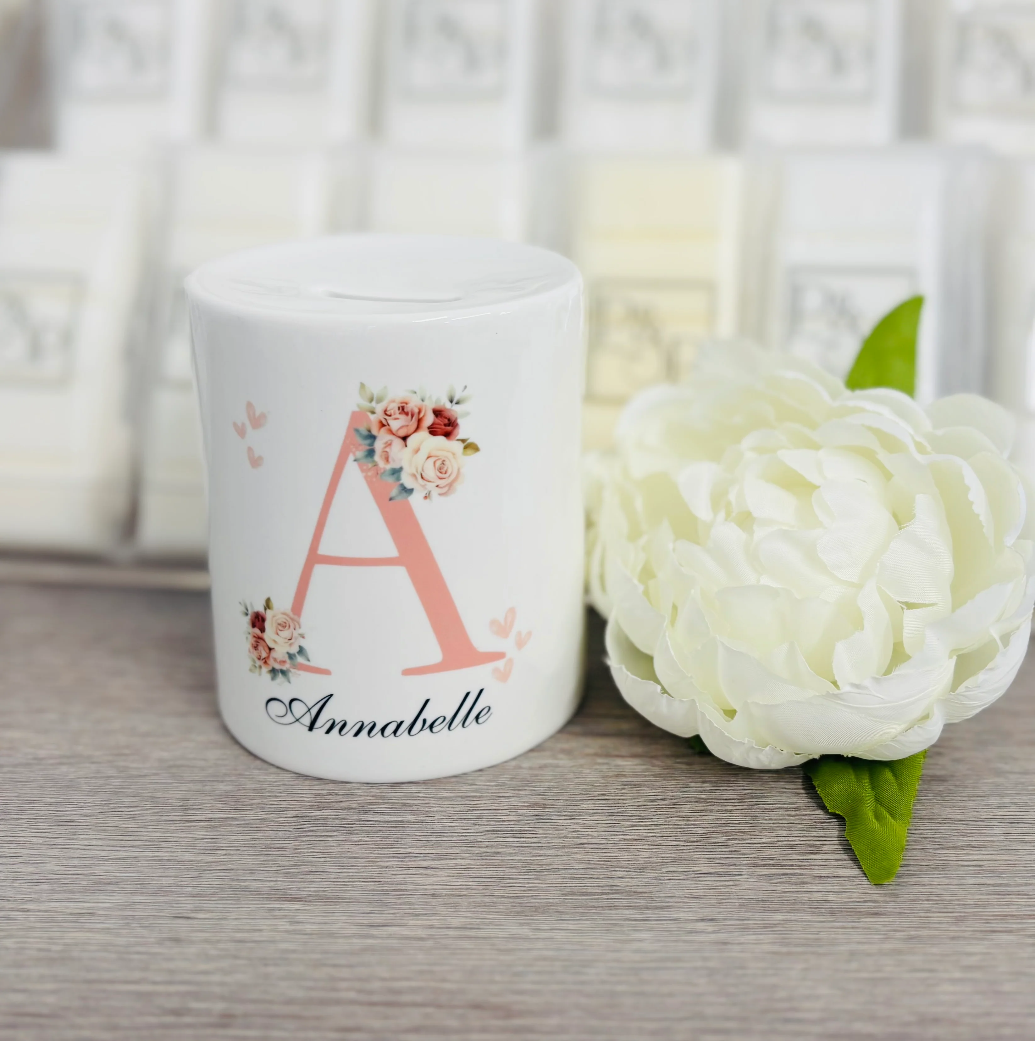 Ceramic Money Box Pink Initial/ Floral Design - Image 5