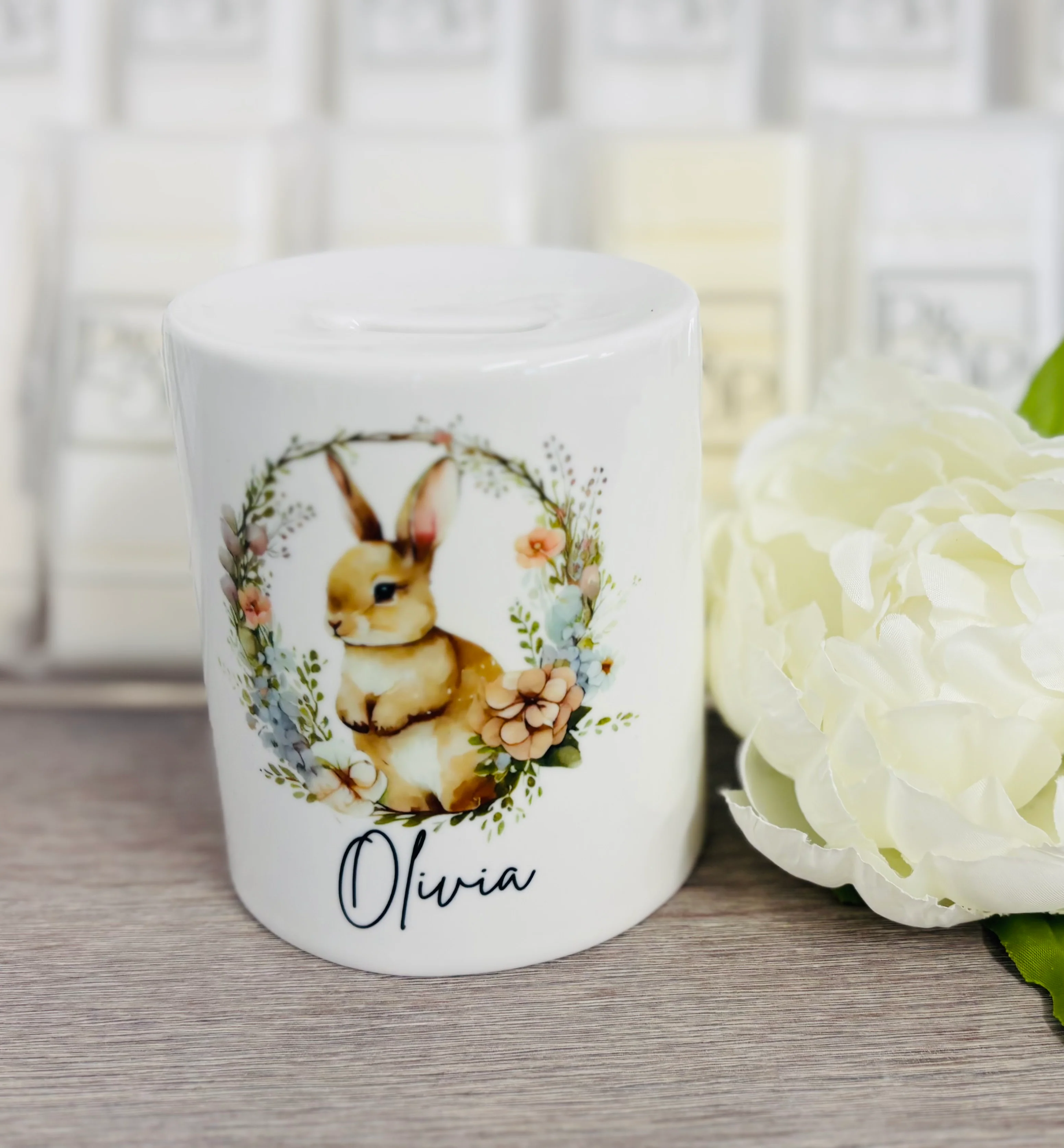Ceramic Money Box Bunny Rabbit Wreath Design - Image 3