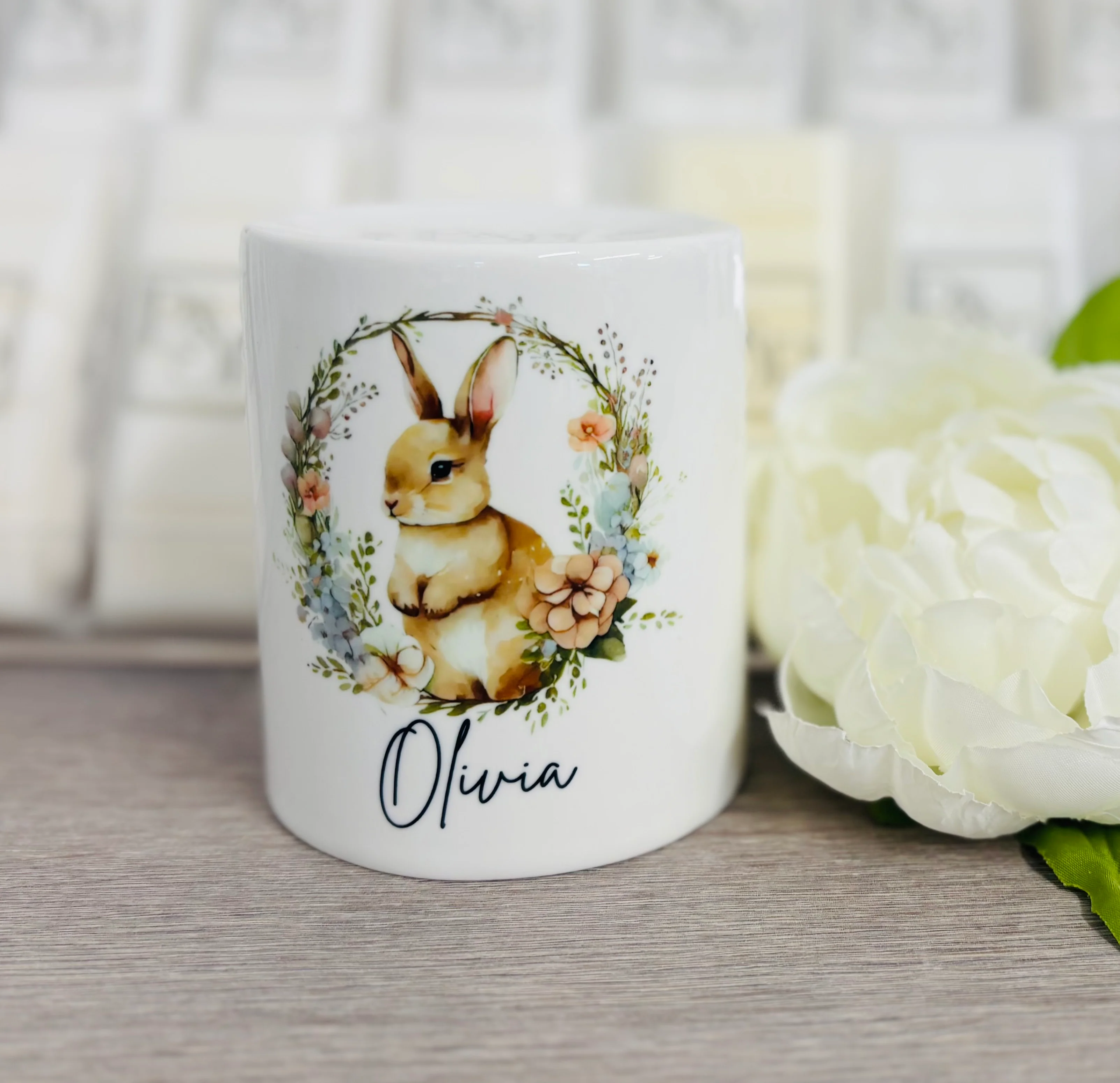 Ceramic Money Box Bunny Rabbit Wreath Design - Image 4