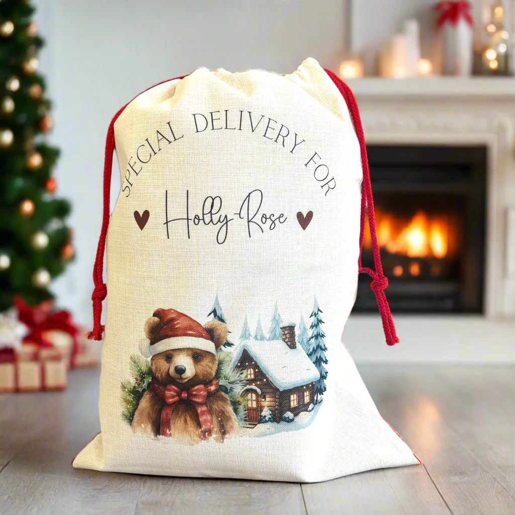 Christmas Bear and Village Santa Sack
