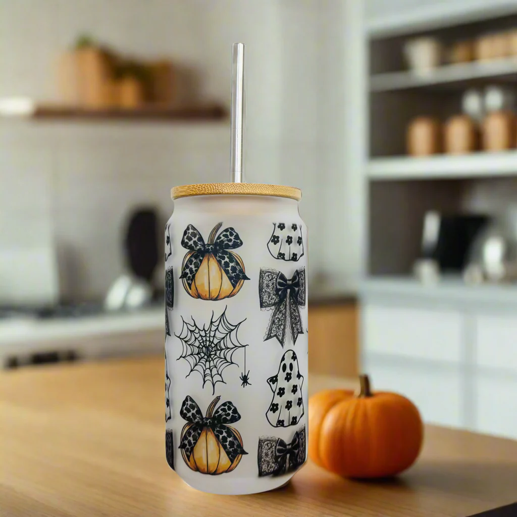 Pumpkin / Halloween Floral Glass Can 18oz Tumbler
