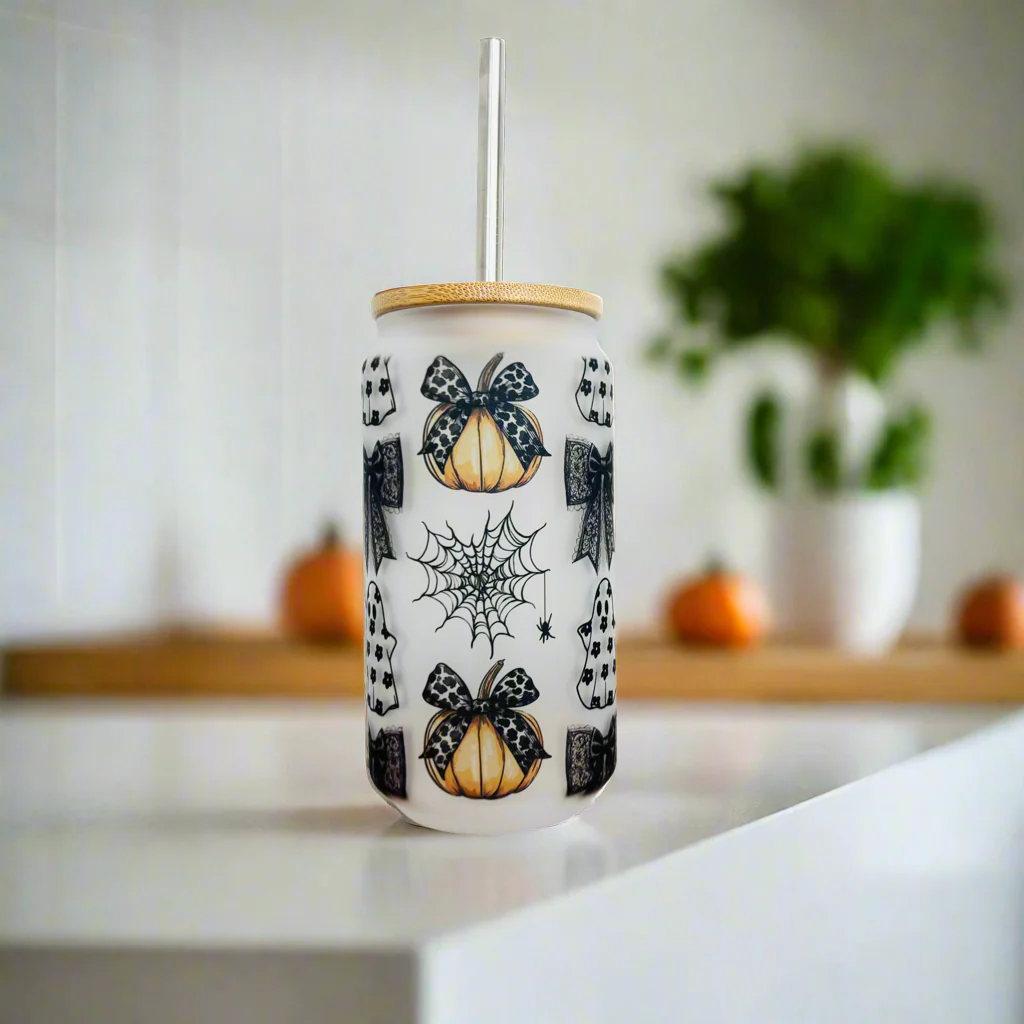 Pumpkin / Halloween Floral Glass Can 18oz Tumbler - Image 2
