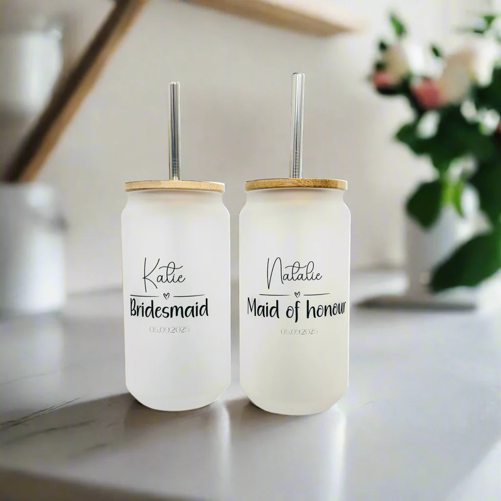 Bridesmaid/ Bride Heart Frosted Glass Can 18oz Tumbler - Image 2