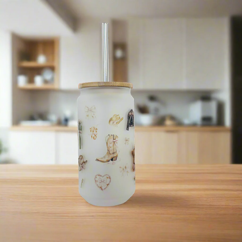 Cowgirl/ Highland Cow Frosted Glass Can 18oz Tumbler - Image 2