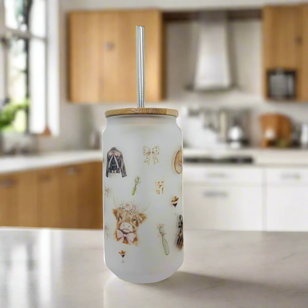 Cowgirl/ Highland Cow Frosted Glass Can 18oz Tumbler - Image 4
