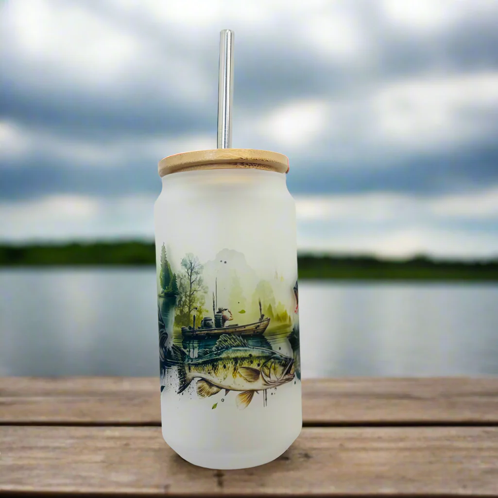 Fishing Carp Frosted Glass Can 18oz Tumbler - Image 2