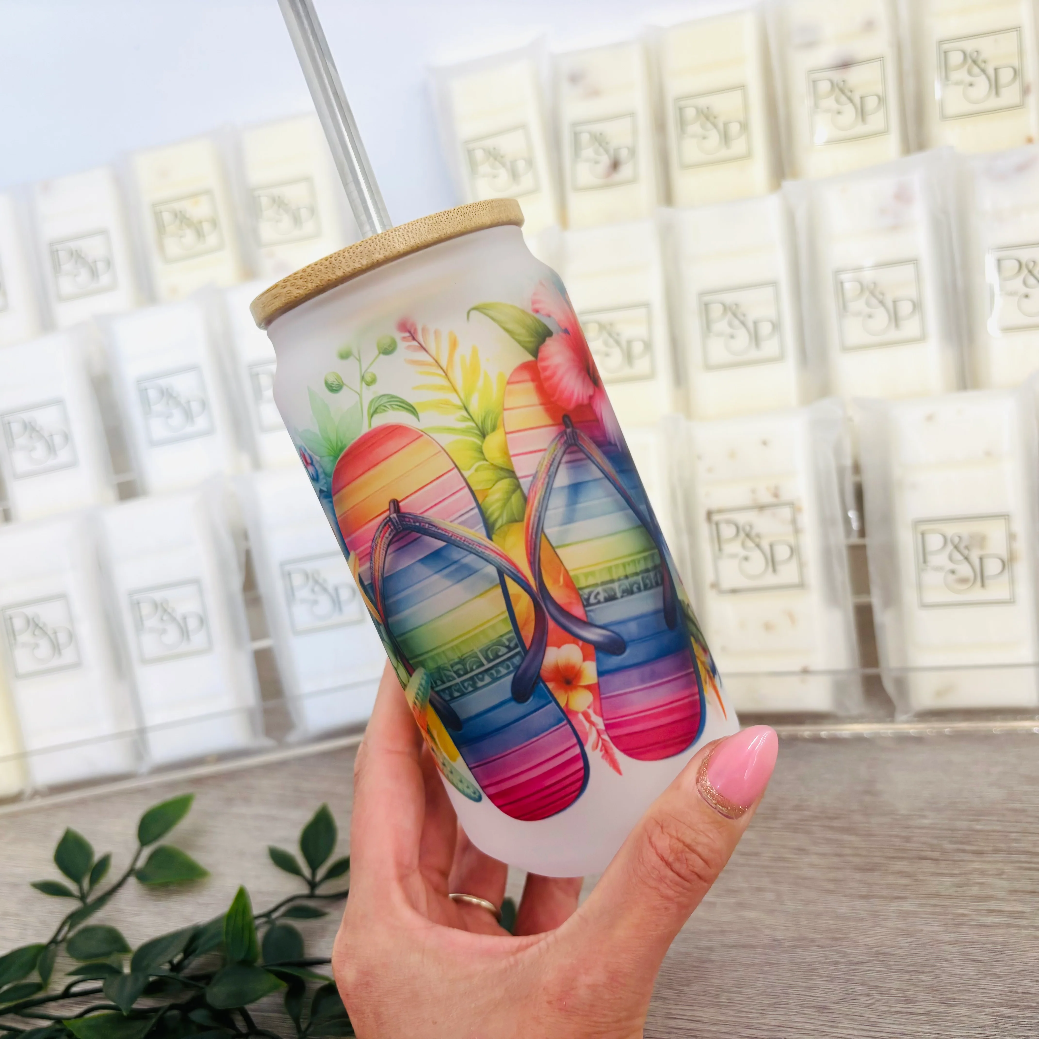 Flip Flop Frosted Glass Can 18oz Tumbler - Image 3