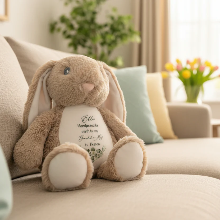 Floppy Rabbit Plush Teddy -“Handpicked for Earth” with flowers - Image 3