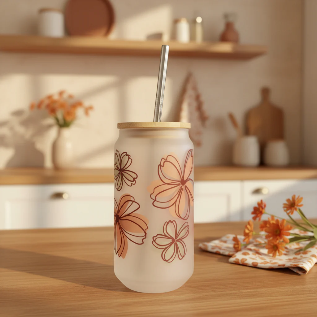 Flowers Frosted Glass Can 18oz Tumbler