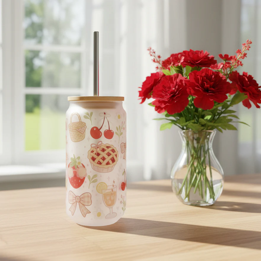Cherry Frosted Glass Can 18oz Tumbler
