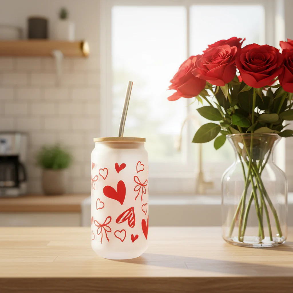 Red Heart Frosted Glass Can 18oz Tumbler