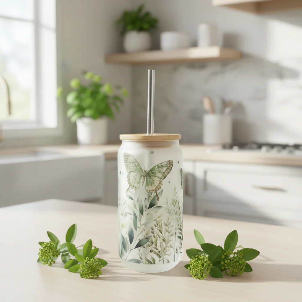 Butterfly Sage Green Frosted Glass Can 18oz Tumbler