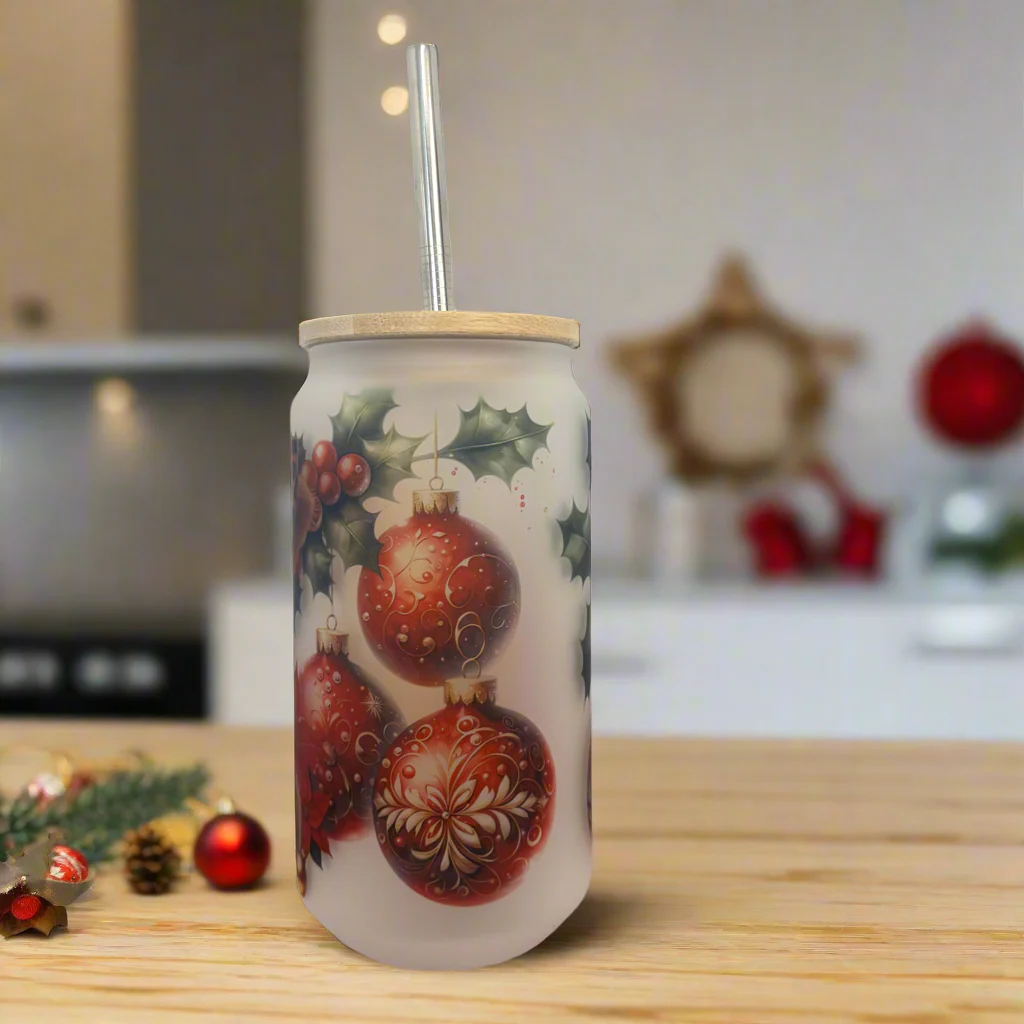 Red Christmas Highland Cow Glass Can 18oz Tumbler - Image 2