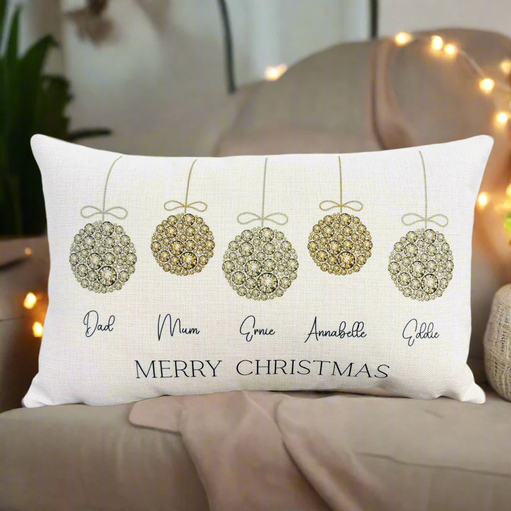 Gold Bauble family Christmas - Filled Cushion - Image 2
