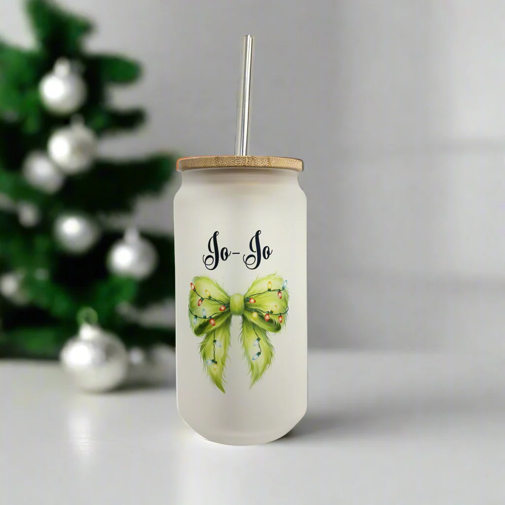 Green Fuzzy Bow Glass Can 18oz Tumbler