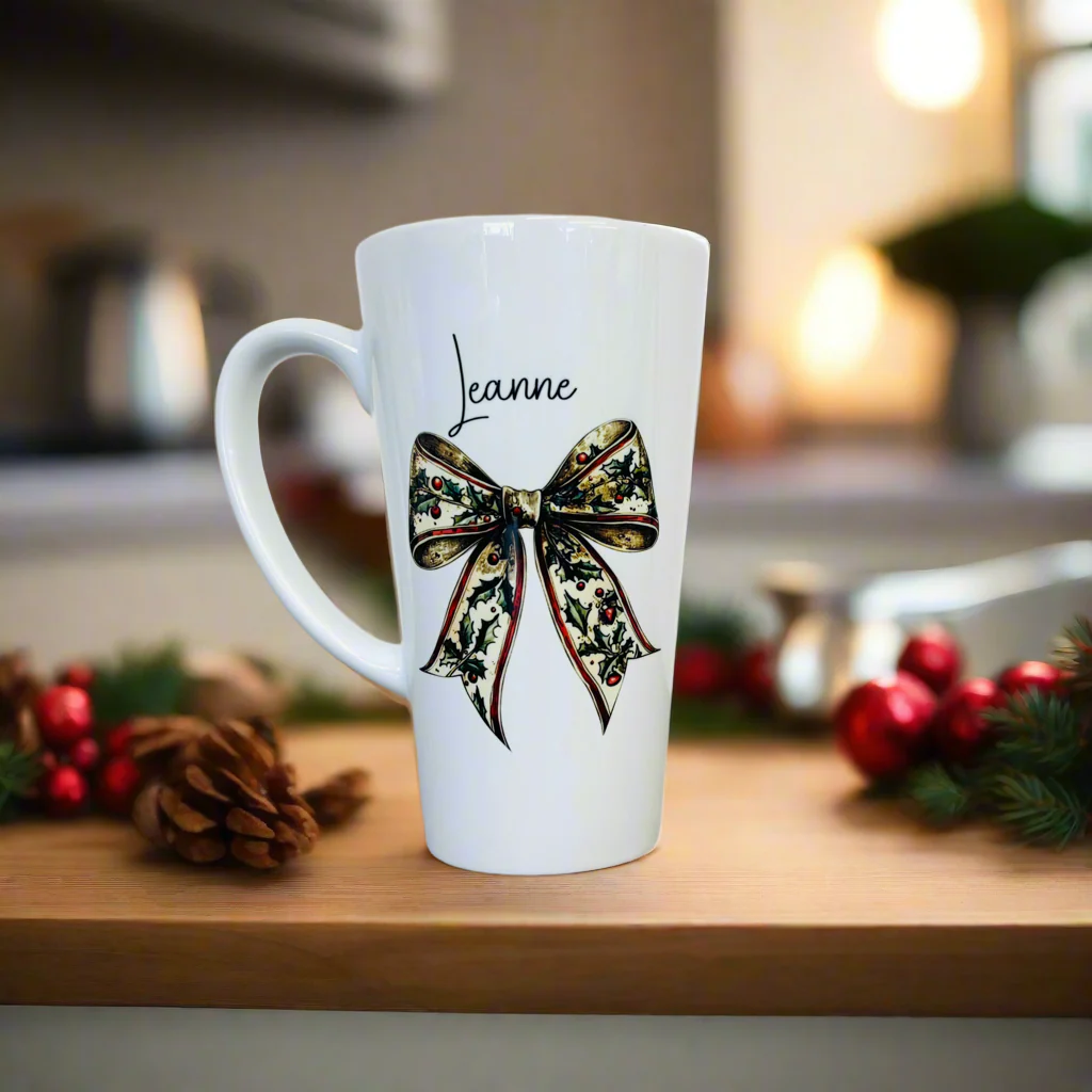 Green Holly Bow Latte Ceramic Mug 17oz inc Box - Image 2