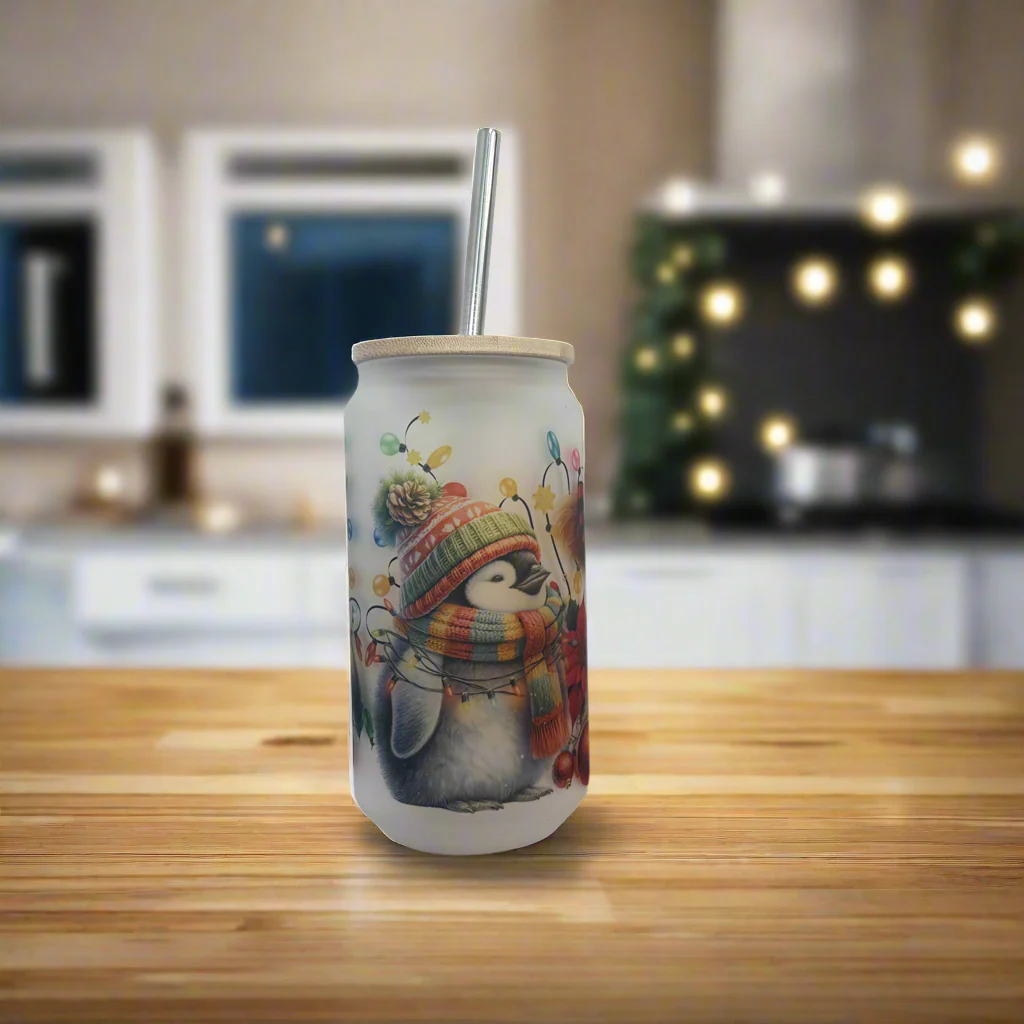 Highland Cow and Penguin Glass Can 18oz Tumbler - Image 2