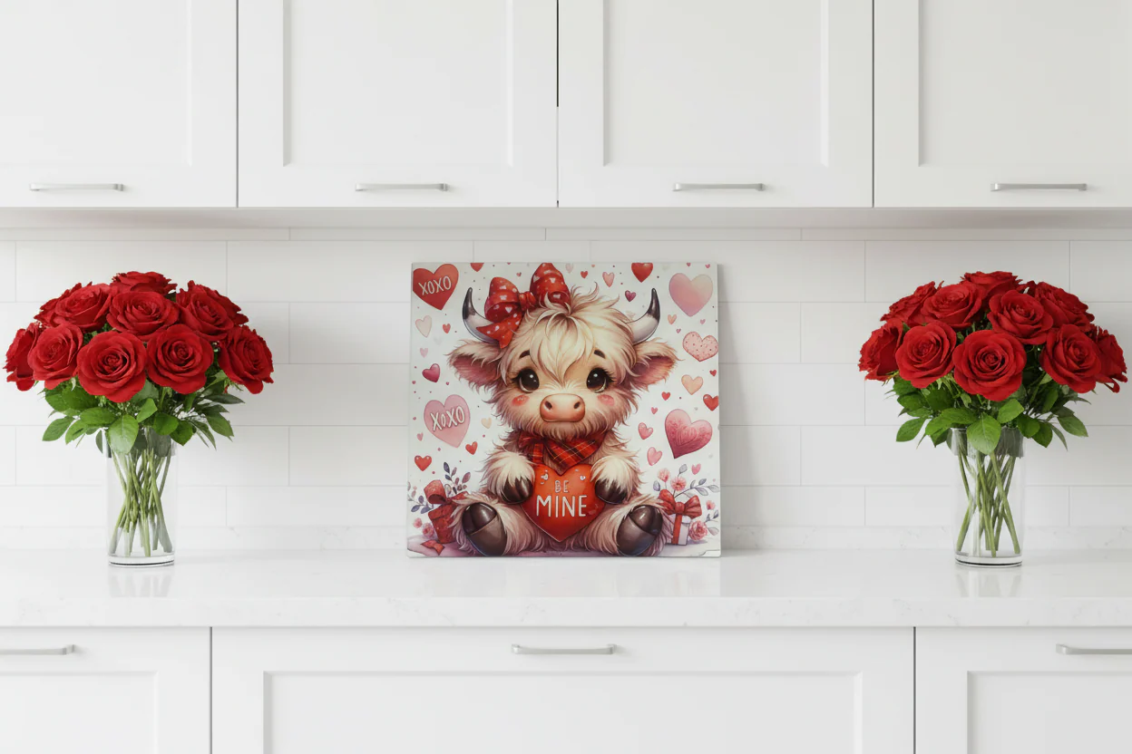Highland Cow “Be Mine” Valentines Chopping Board 30cm - Image 2