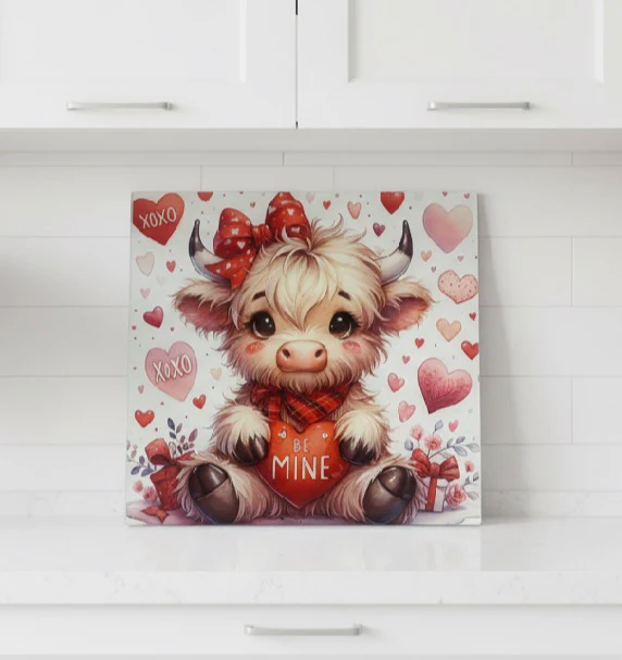 Highland Cow “Be Mine” Valentines Chopping Board 30cm - Image 3