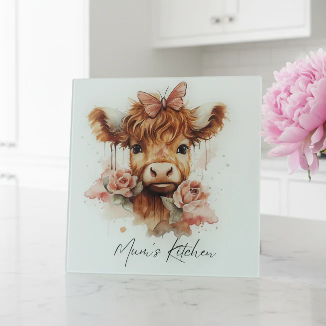 Highland Cow Blush Roses Chopping Board 30cm - Image 2