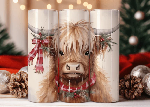 Highland Cow Christmas Tartan Scalf Skinny Tumbler 600ml - Image 3