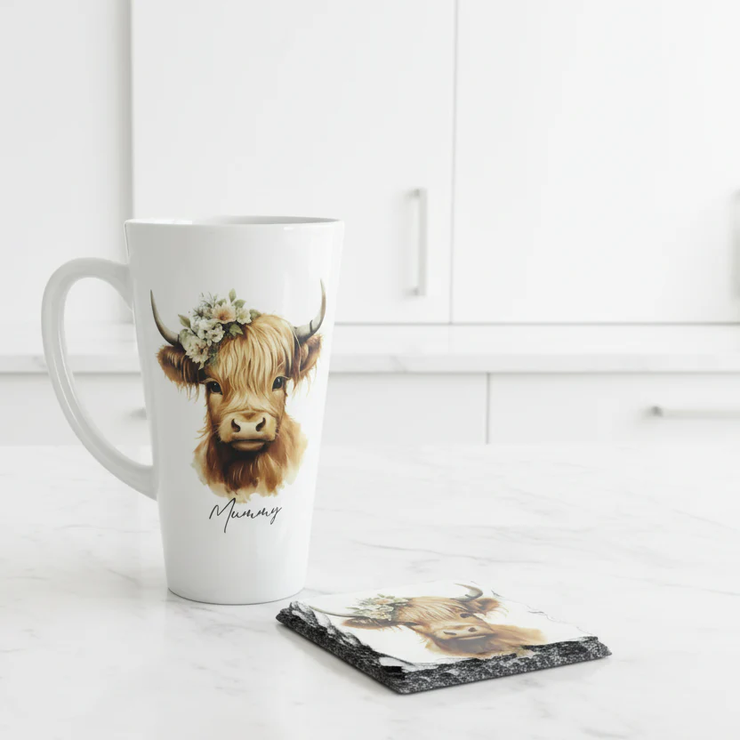 Sage Green Highland Cow Latte & Coaster - Image 2