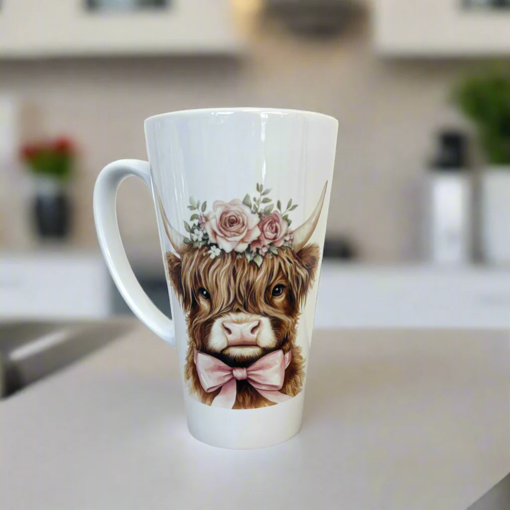 Brown Highland Cow Pink Bow 17oz Latte Mug - Image 2