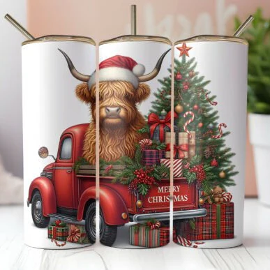Highland Cow Red Truck Skinny Tumbler 600ml