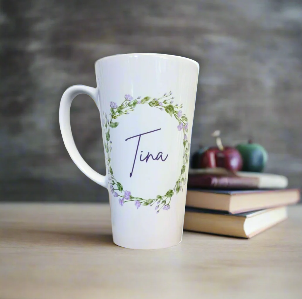 Latte Ceramic Mug Purple Wreath 17oz