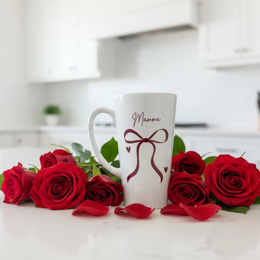 Latte Mug Delicate Red Bow with hearts - Image 3