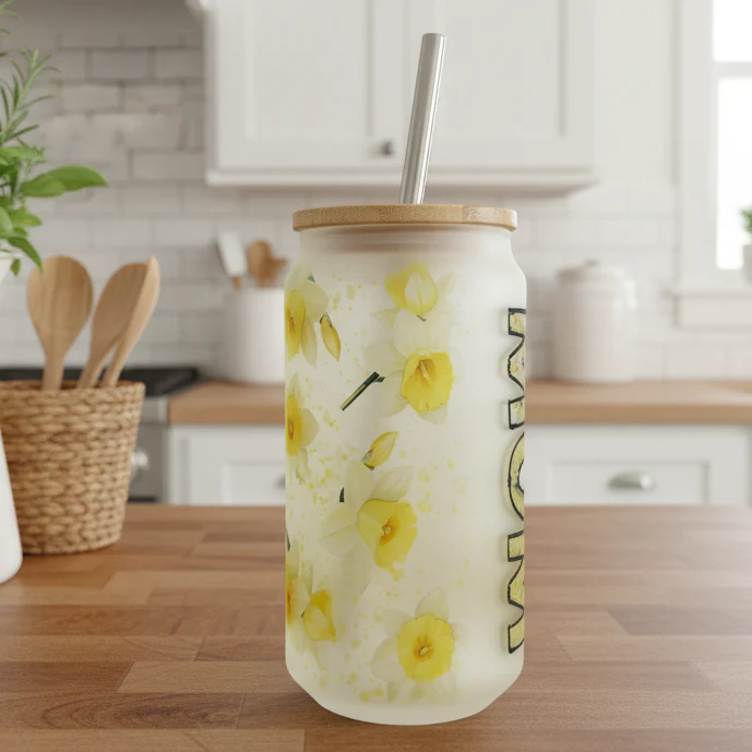 Mum Daffodil Frosted Glass Can 18oz Tumbler - Image 2
