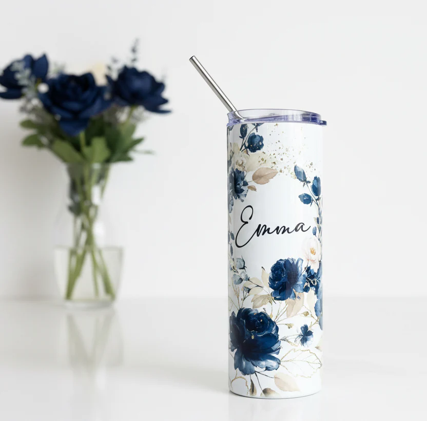 Navy Floral Named Tumbler