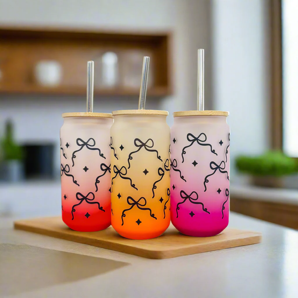 Neon Bow Frosted Glass Can 18oz Tumbler