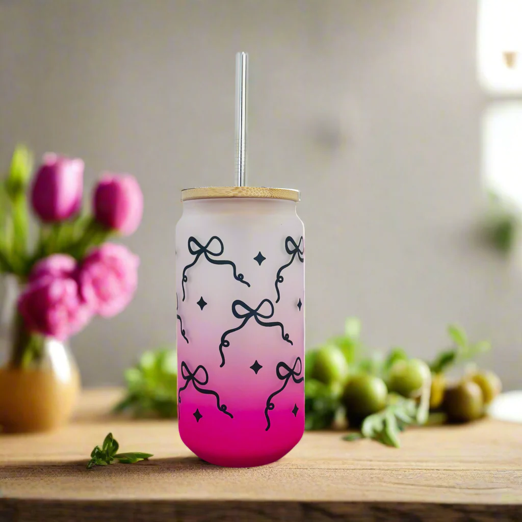 Neon Bow Frosted Glass Can 18oz Tumbler - Image 5