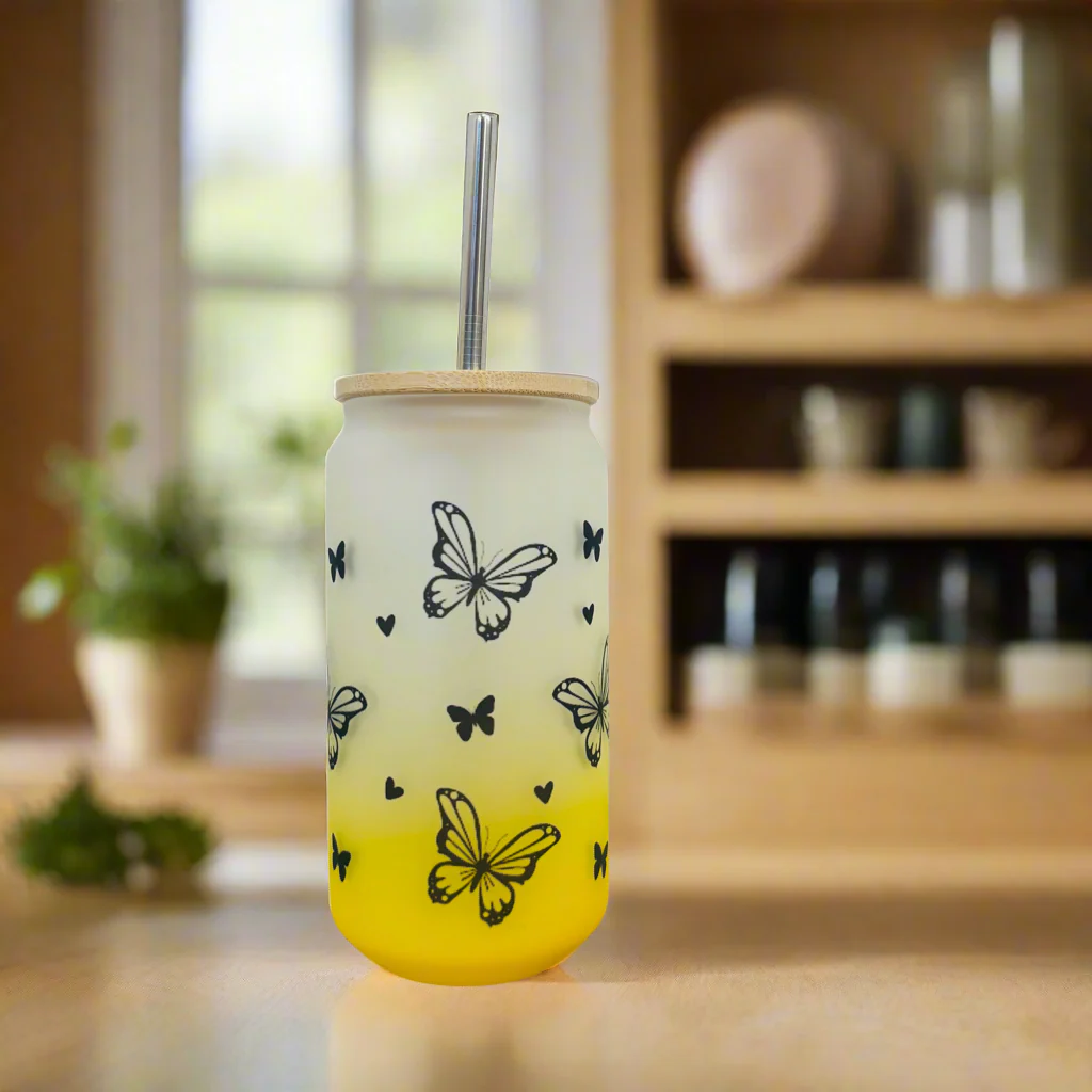 Neon Butterfly Frosted Glass Can 18oz Tumbler - Image 2