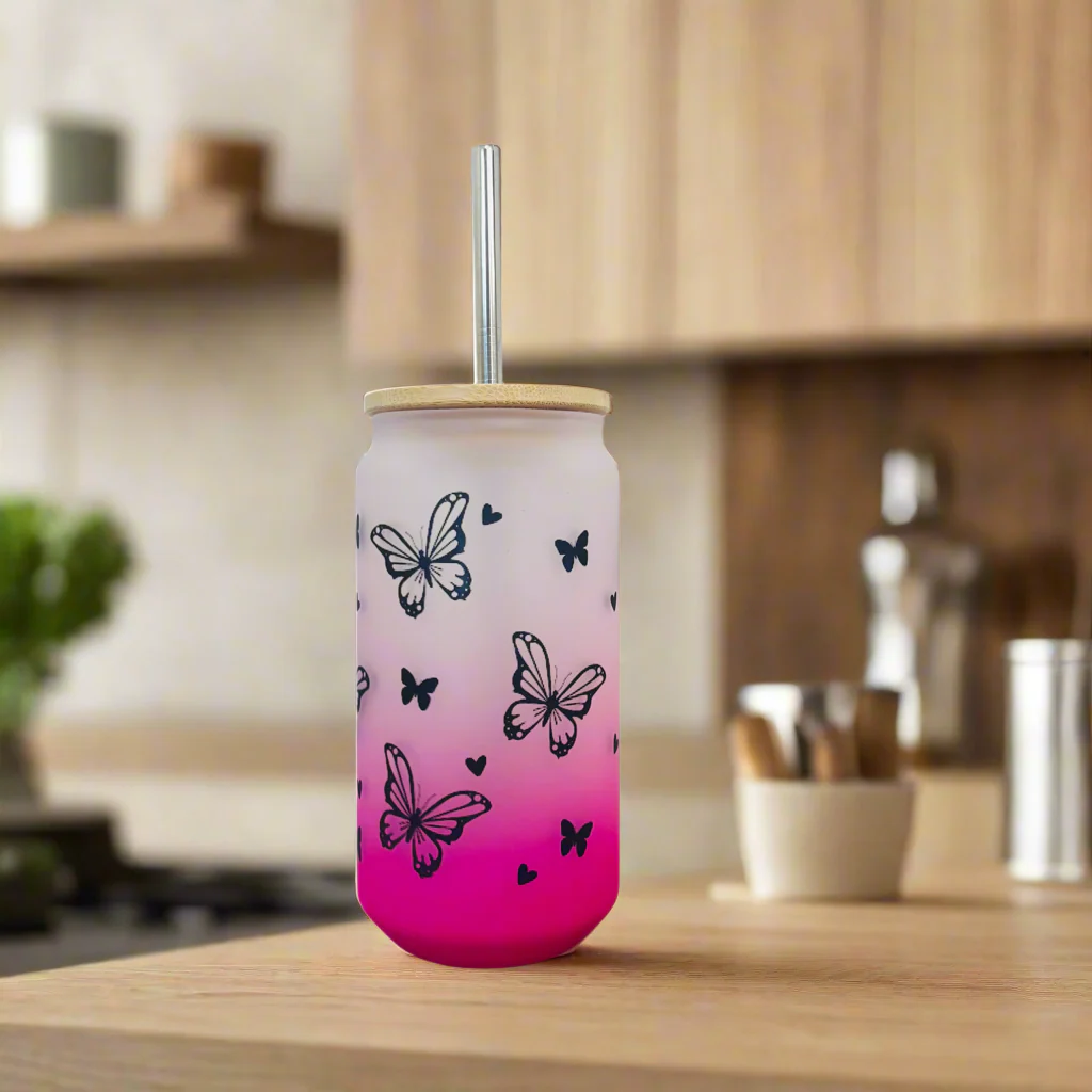 Neon Butterfly Frosted Glass Can 18oz Tumbler - Image 3