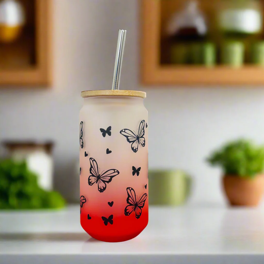 Neon Butterfly Frosted Glass Can 18oz Tumbler - Image 4