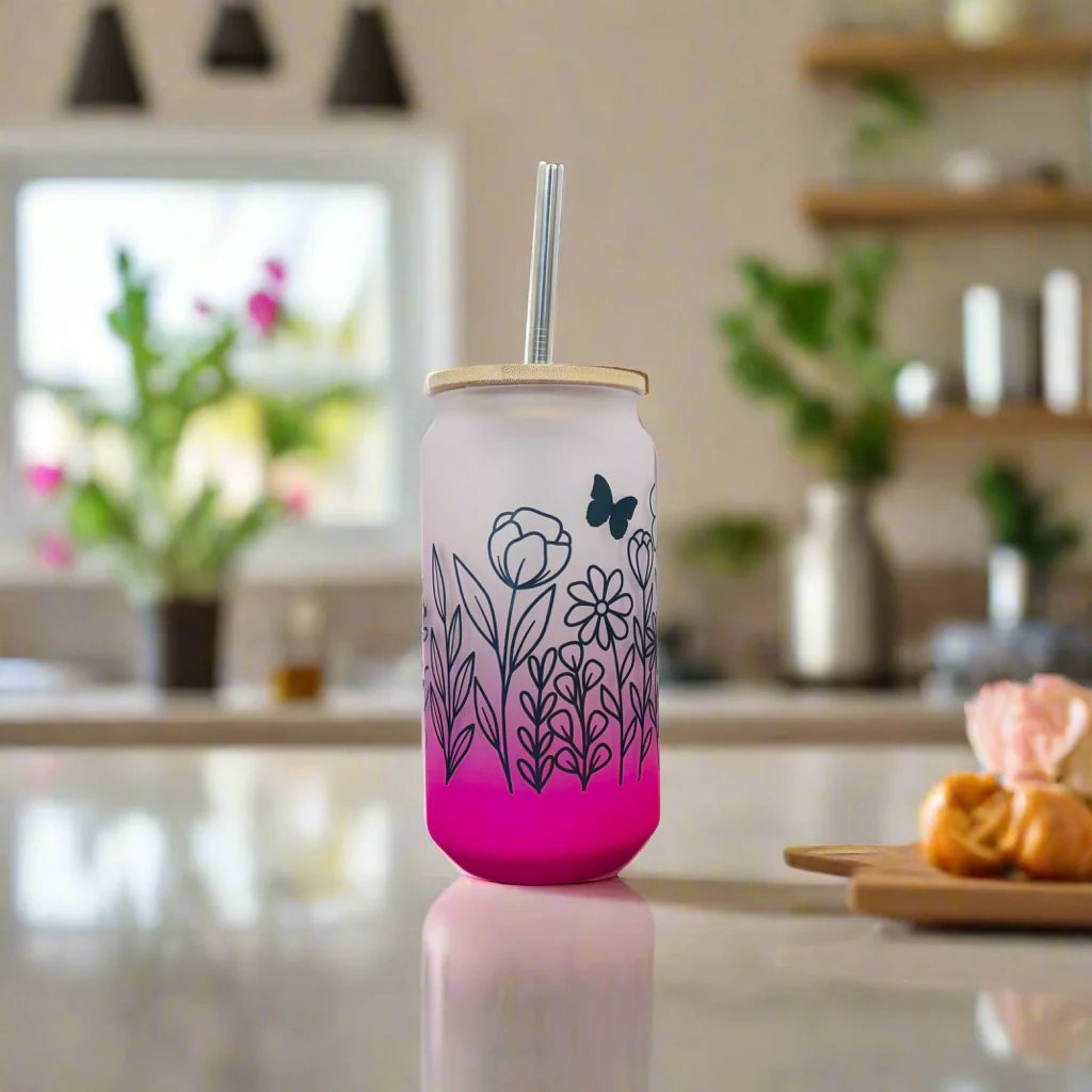 Neon Flower Frosted Glass Can 18oz Tumbler - Image 3