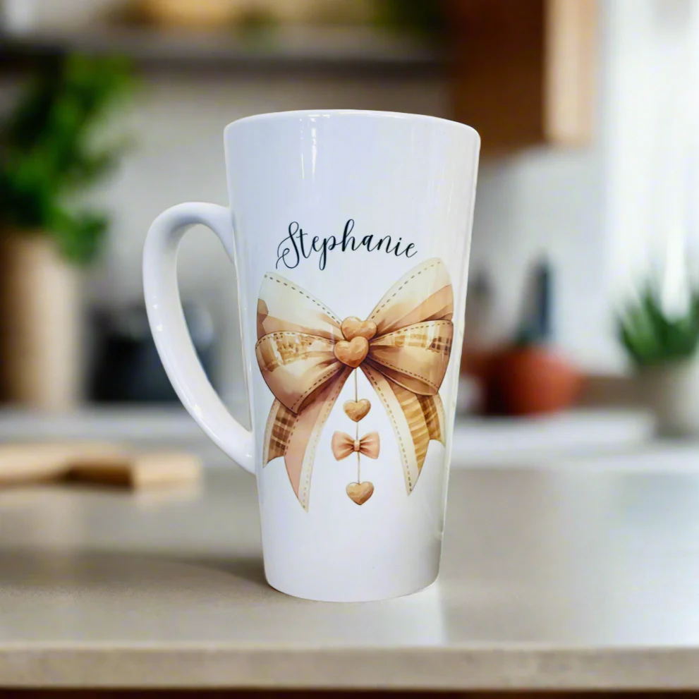 New Latte Ceramic Mug 17oz Beige Vintage Bow inc Box - Image 3