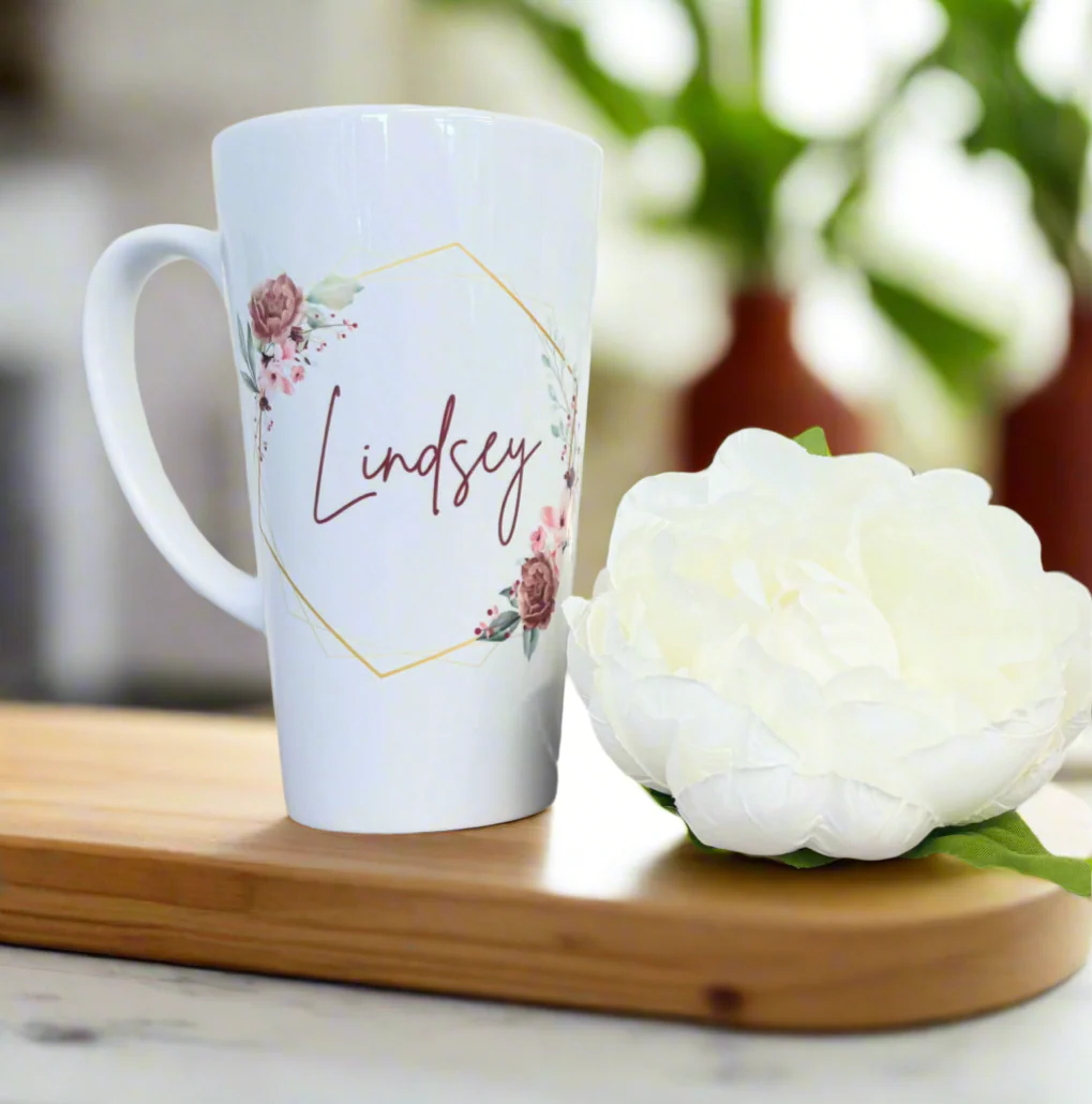 New Latte Ceramic Mug 17oz Gold Hexagon Hoop inc Box