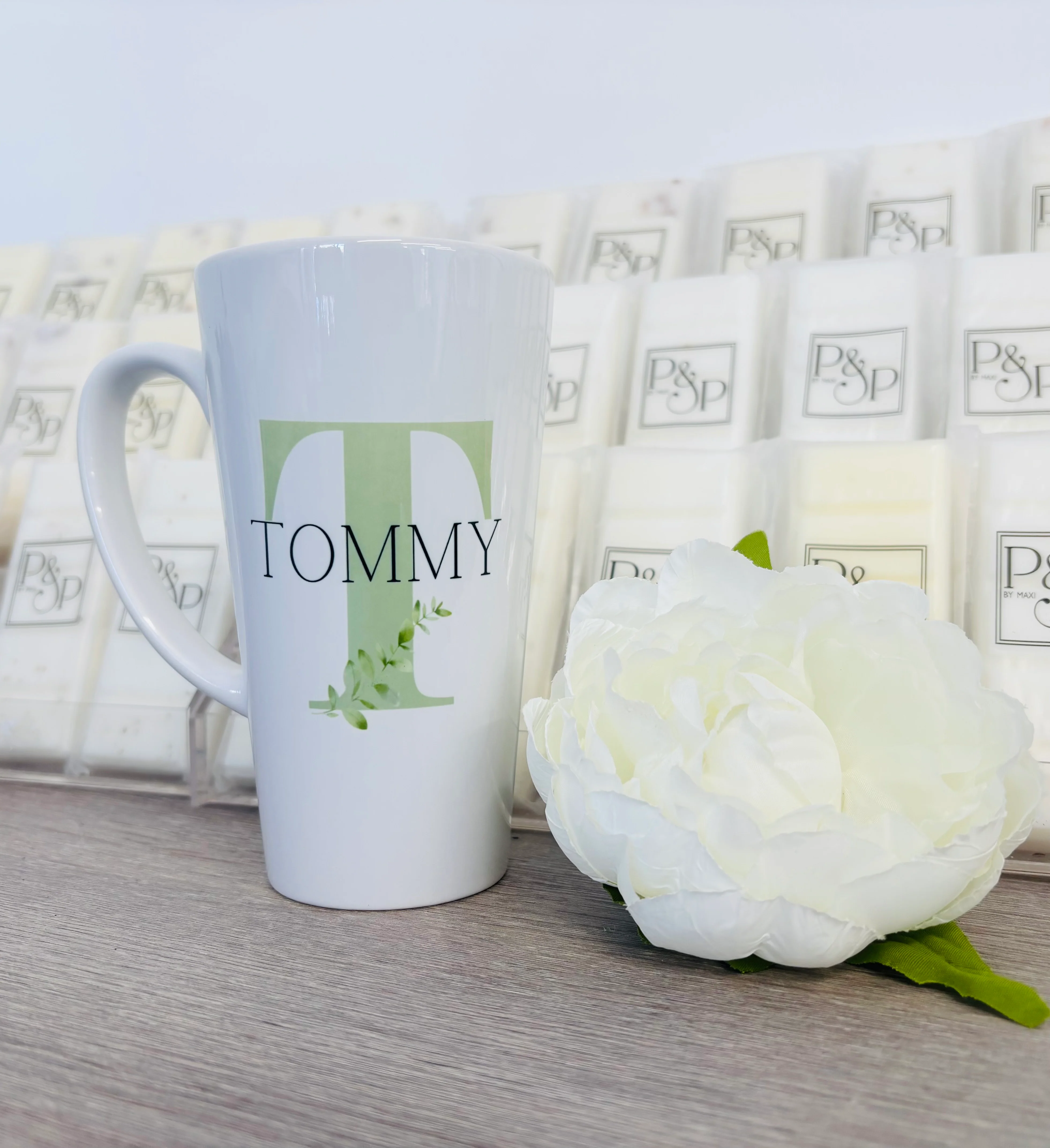 New Latte Ceramic Mug 17oz Green Initial - Image 3